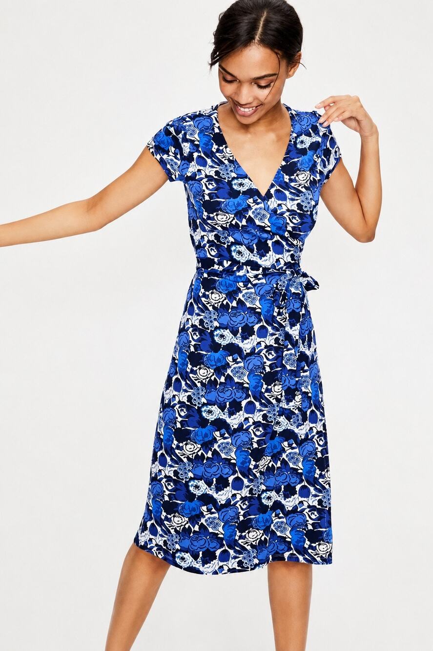 Boden Summer Wrap Dress Blue Floral Short Sleeve Size 2